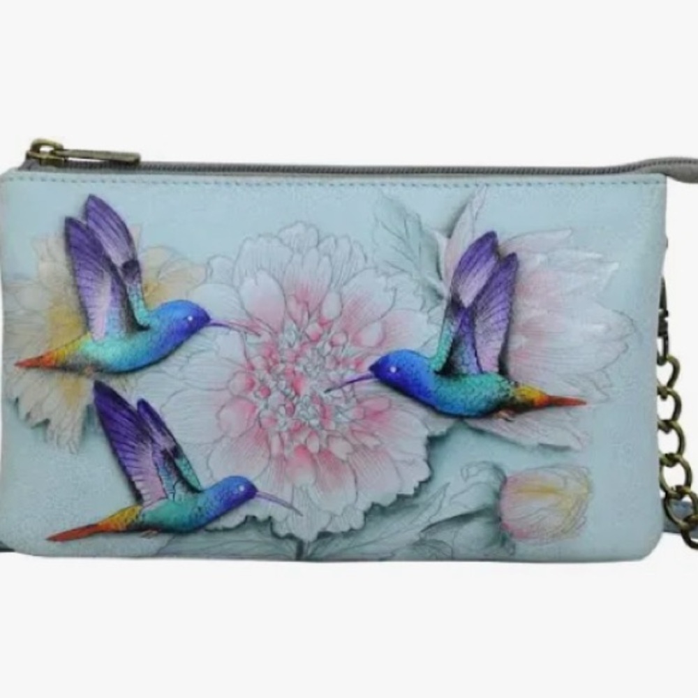 Anuschka Blue and Purple Artistic Hummingbird Clutch